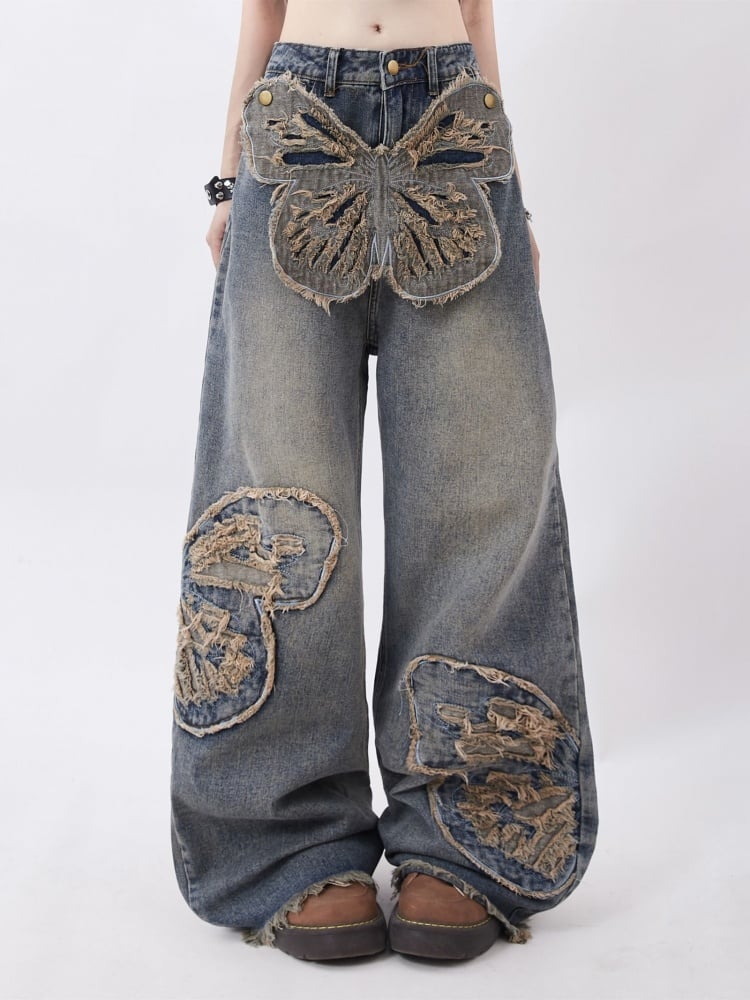 Studs Distressed Butterfly Appliques Blue Jeans