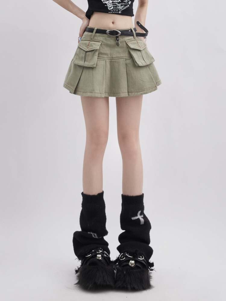 Black / Green Denim Pleated Mini Cargo Skirt with Undies