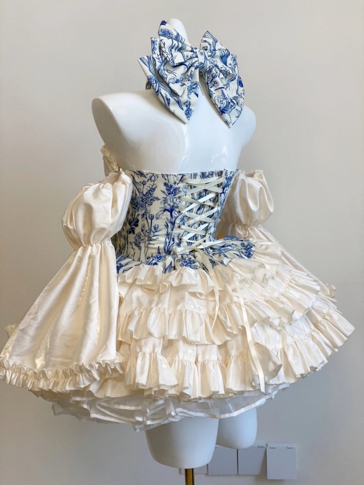 Blue-and-White Porcelain Floral Print Strapless Princess Puffy