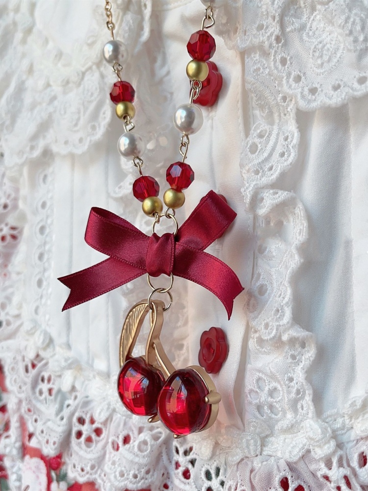 Handmade Cherry Pendant Bow Beads Chain Necklace