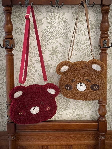 Wine Red Brown Plush Bear Shape Bag Ajustable Strap