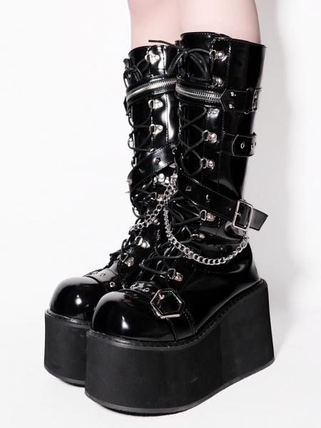 Studs Chains Metal Punk Polished Black Platform Boots