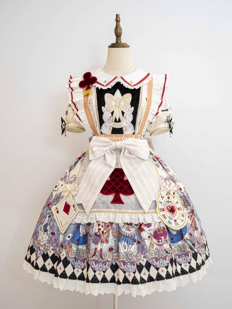 [$146.50]Off White Alice in Wonderland Print One Piece + Apron