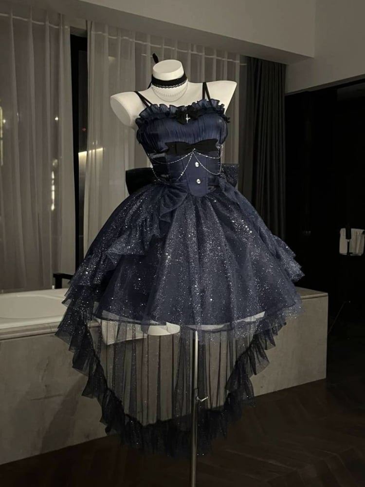 Dark Blue Glittering Princess Dress Basque Waist Jumper Skirt Full Set