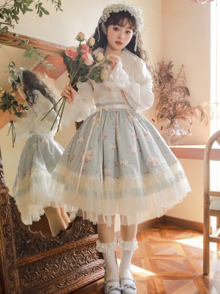 [$82.25]Blue Floral Print Layered Tulle Hemline Skirt