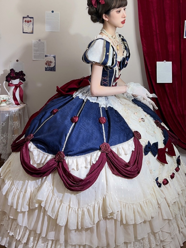 [¥24,505円]ゴージャスな白雪姫プリンセスドレス 姫レイヤードフラウンスヘムラインワンピース