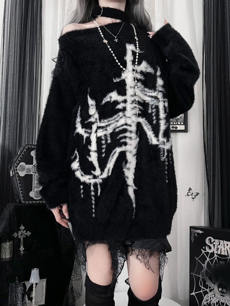 Skeleton Pattern Black Asymmetrical Neckline Sweater
