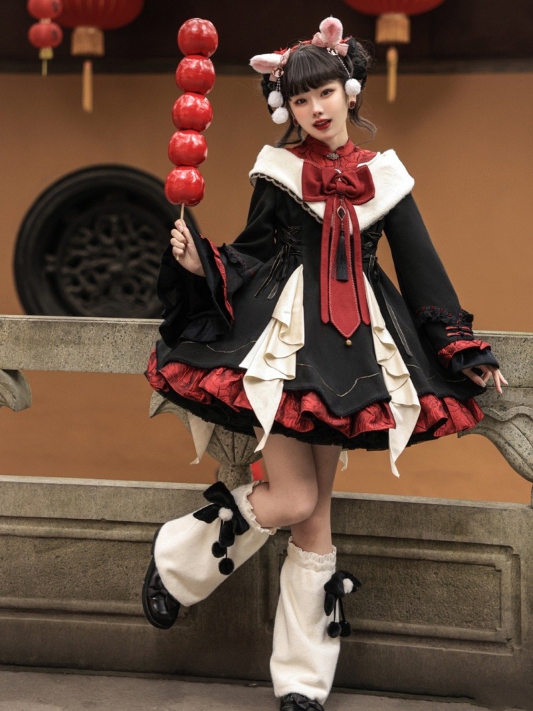 [¥18,069円]黒と赤のチャイナドレス襟ワンピースフルセット