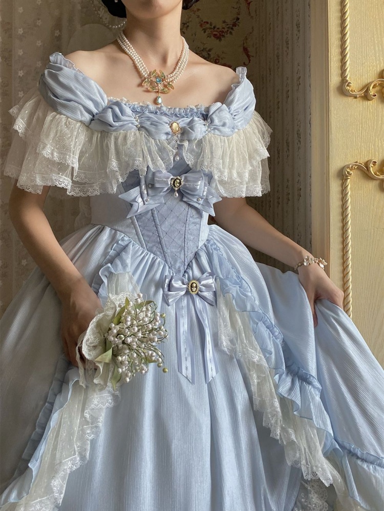 Light Blue Vintage Dress Boned Bodice Elegant Classic One Piece