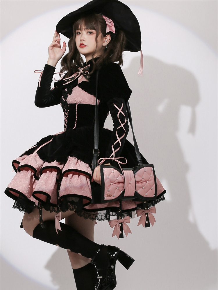 Lace-up Detail Black and Pink Sweetheart Neckline Jumper Skirt / Black  Bolero