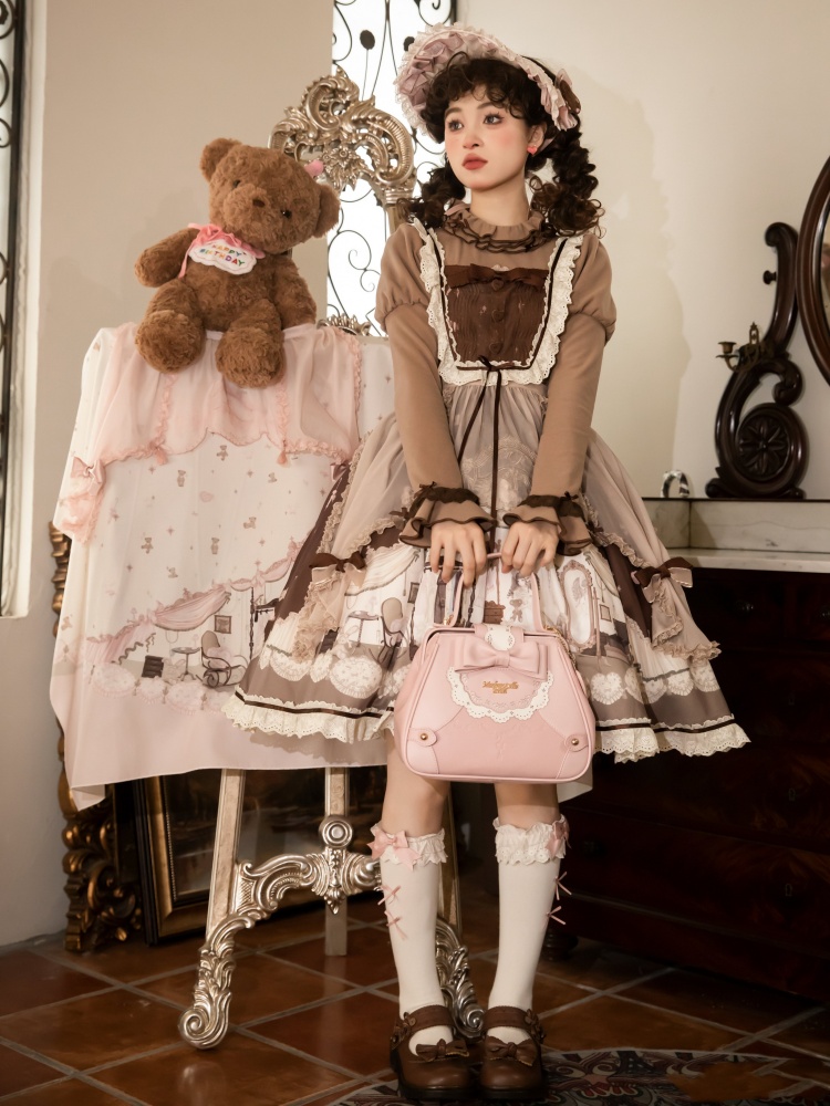 [$124.75]Chocolate Doll and Bear Print Dress Sweet Overalls