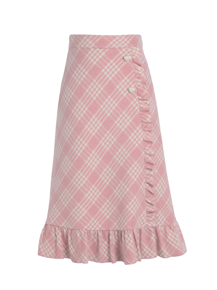 Sweetheart-shaped Buttons Pink Plaid Skirt Ruffle Trim