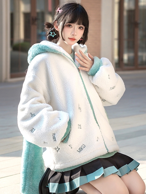 Hatsune Miku Collab Miku Super Long Ponytails Hood White Fleece Jacket