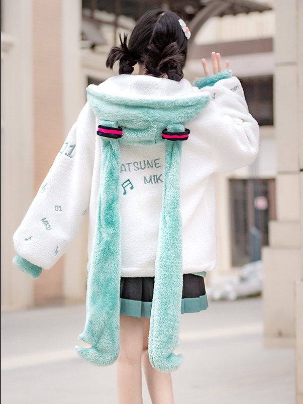 Hatsune Miku Collab Miku Super Long Ponytails Hood White Fleece Jacket