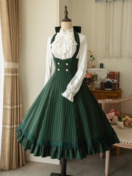 Historical Vibes Dark Green Stripped Pattern Halter Neck Underbust Dress