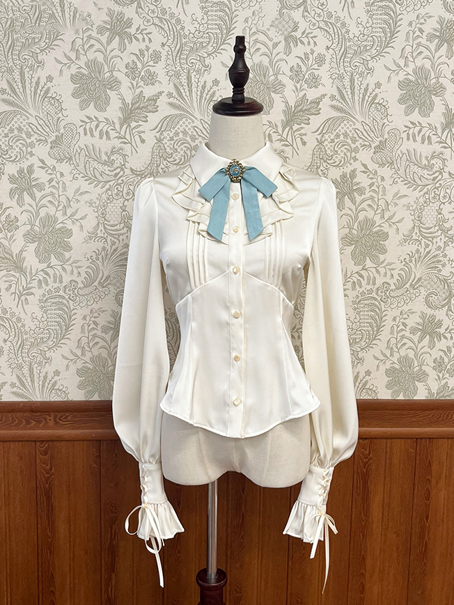 [$57.00]Beige Lace-up Cuffs and Back Pointed Collar Shirt with Bow Tie