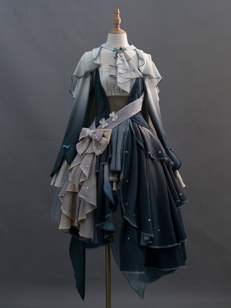 Blue Ombre Layered Irregular Skirt Long Sleeves One Piece/Full Set