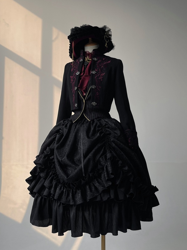 Black Steampunk Ouji Set-Cropped Jacket+ Black Striped Waistcoat+Skirt