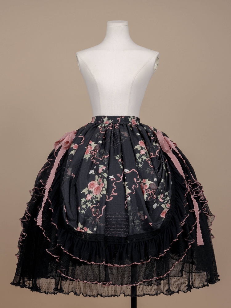 Black Classic Elegant Floral Print Layered Skirt