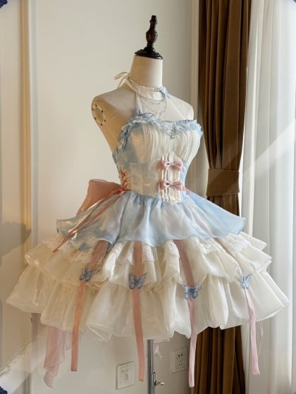 Beige and Blue Jumper Skirt Butterfly Princess Dress Puff Skirt ...
