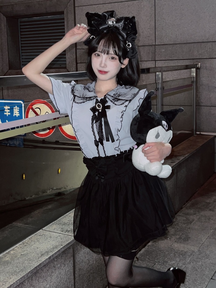 Bowknot Details Black Jirai Kei Tulle Skirt