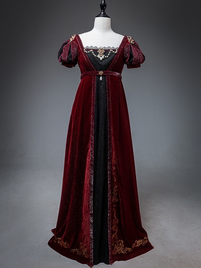 [$147.25]Black and Red Shimmer Velvet Empire Dress Elegant One Piece Gold  Embroidery