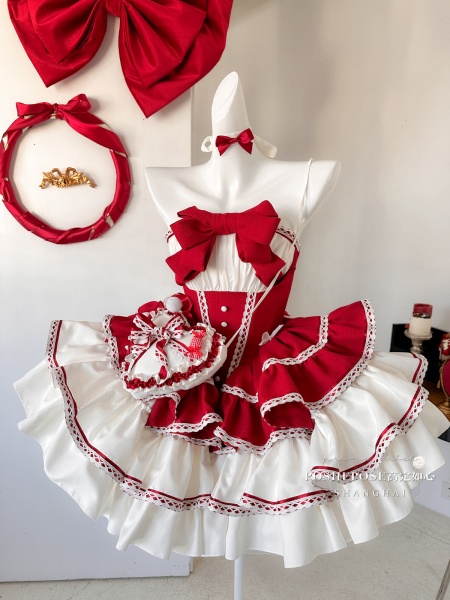 Christmas Puffy Dress White and Red Jumper Skirt Full Set