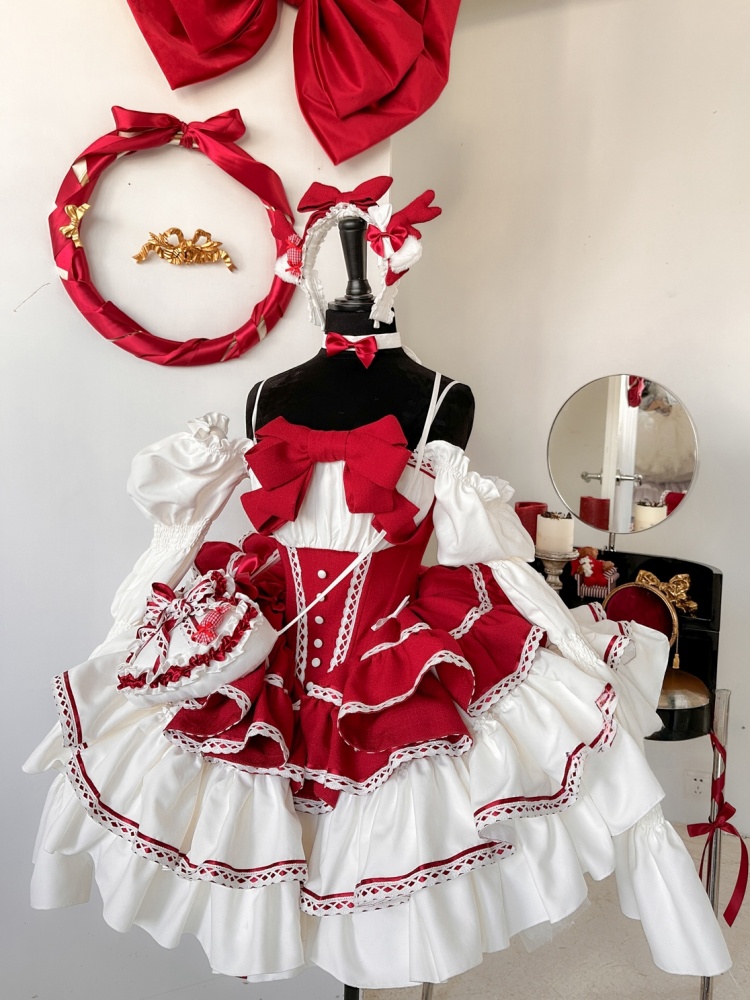 Christmas Puffy Dress White and Red Jumper Skirt Full Set