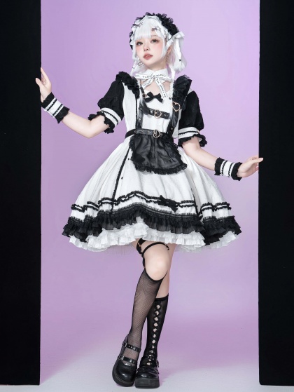 Black and White Punk Maid Dress Short One Piece + White Apron