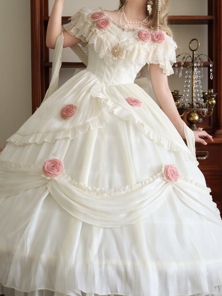 Ivory Princess Basque Waist Dress Roses and Bead Chain Lolita Wedding Dress