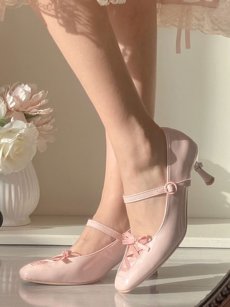 Heart Rhinestones Pink Knotted Bow Accent High Heels