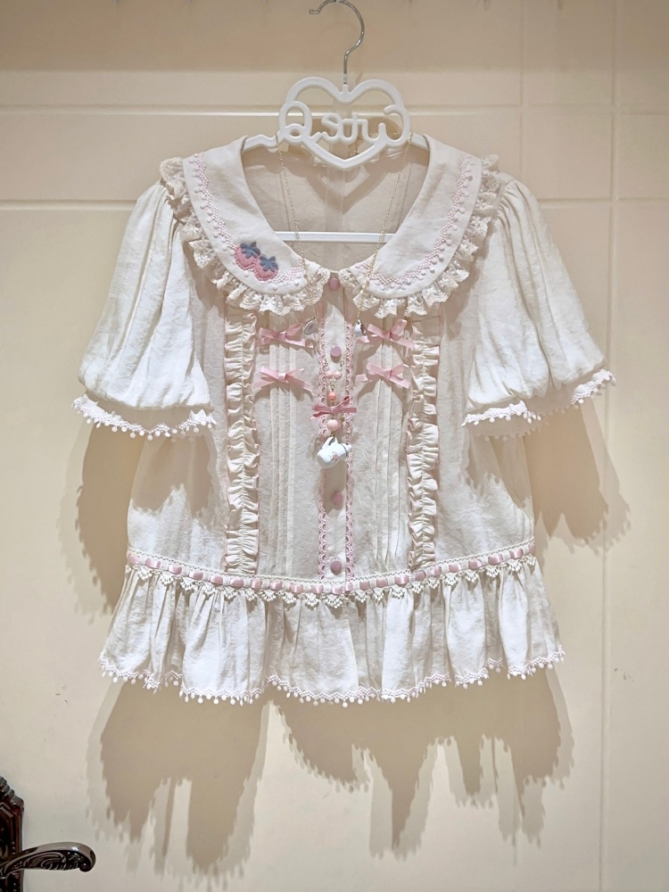 [$32.00]White and Pink Strawberry Embroidery Collar Blouse with Detachable  Sleeves