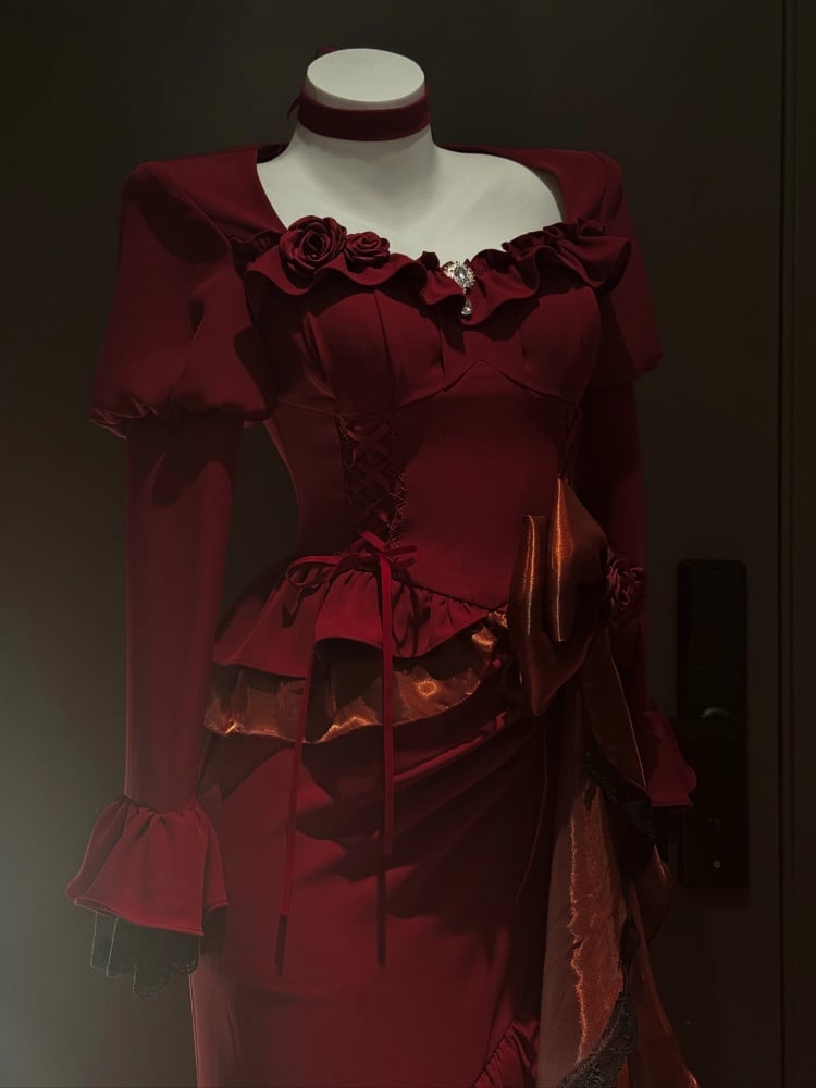 Red Thigh-high Slit Mermaid Dress Birthday Evening Gown Big Bow at Waist