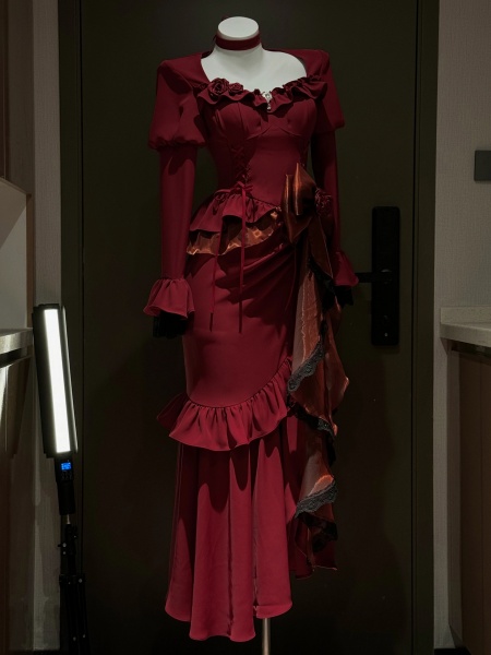 Red Thigh-high Slit Mermaid Dress Birthday Evening Gown Big Bow at Waist