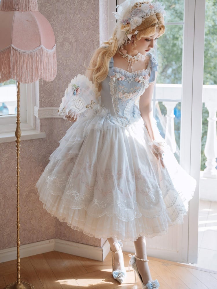 [$211.75]Blue Floral Embroidery Princess Corset Top + Skirt Hanayome Full  Set