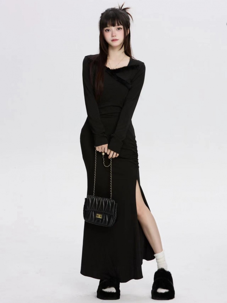 Plush Trim Black Gathering Details Dress / Side Slit Long Dress