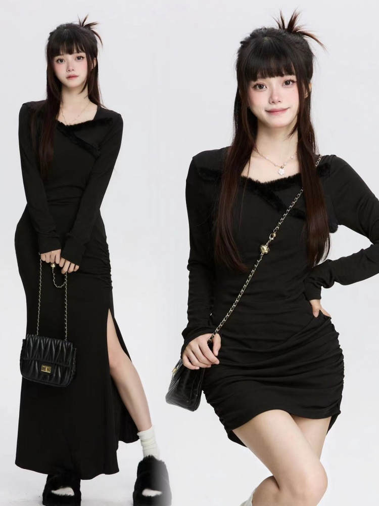 [$8.57]Plush Trim Black Gathering Details Dress / Side Slit Long Dress