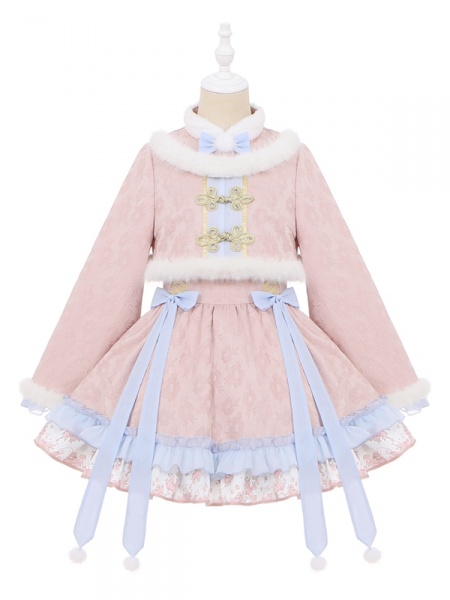 [$172.25]Plush Collar Bowknot Details Pink Sweet One Piece Fake Two-pieces