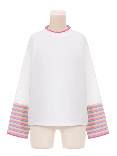 [$39.00]Colorful Striped Cuffs White Long Sleeves Top