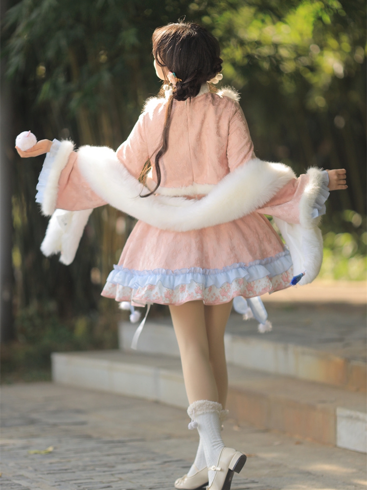 Plush Collar Bowknot Details Pink Sweet One Piece Fake Two-pieces