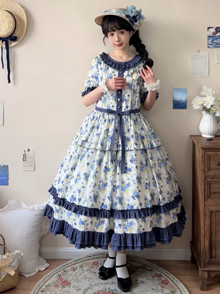 ブルーの花柄ドレス ロゼット プリント クラシック ロリータ ワンピース