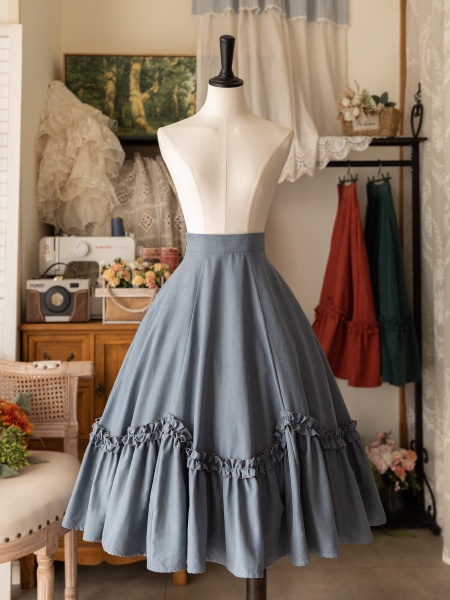 [$53.51]Dusty Blue Ruffle Trim Flounce Hem Skirt Midi Length Lolita Skirt