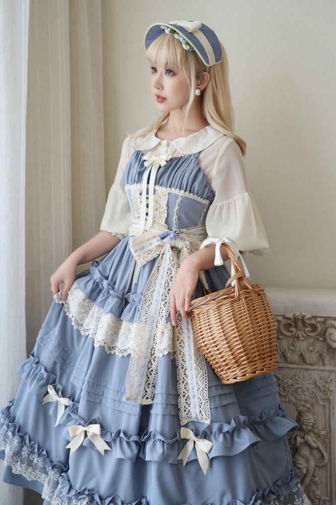 Blue Lace-up Detail Adjustable Shoulder Straps Classic Lolita Jumper Skirt