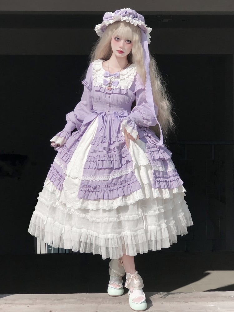 [$97.00]Purple and White Long Sleeves Ruffle Dress Classic Lolita One Piece