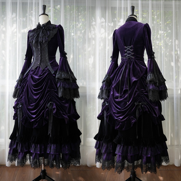 Black and Purple Gorgeous Bell Sleeves Jabot Collar Gothic Lolita Top