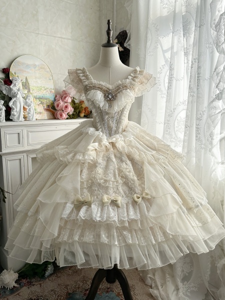 White Gorgeous Princess Corset Waist Dress Hime Lolita Wedding Jumper Skirt