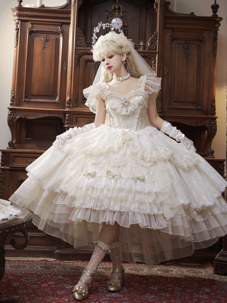 White Gorgeous Princess Corset Waist Dress Hime Lolita Wedding Jumper Skirt