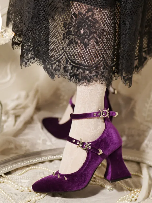 Punk Silver Studs Purple Gothic Lolita Velvet High Heels