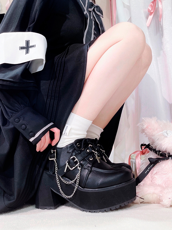 Cross Heart Decorated Matte Black Jirai Kei Platforms with Detachable ...