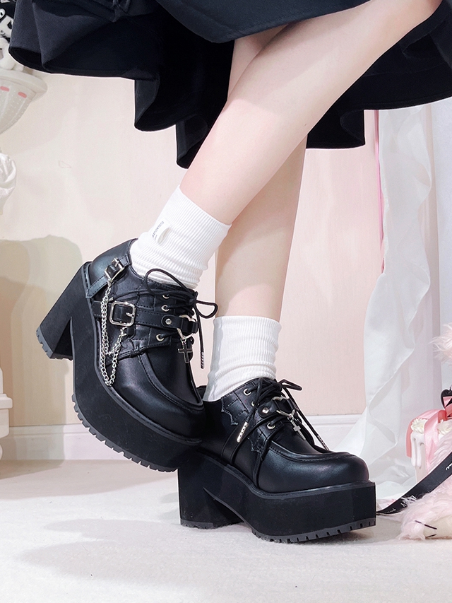 Cross Heart Decorated Matte Black Jirai Kei Platforms with Detachable ...